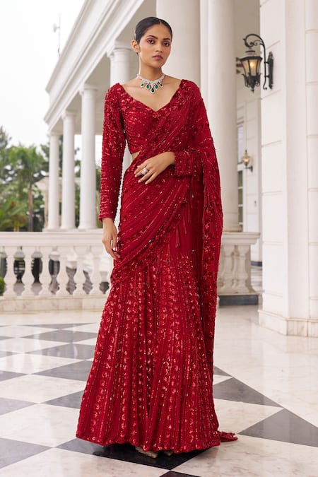 Nidhika Shekhar_Red Georgette, Net Surkh Umang Laal Embroidered Pre-draped Lehenga Saree Set _at_Aza_Fashions