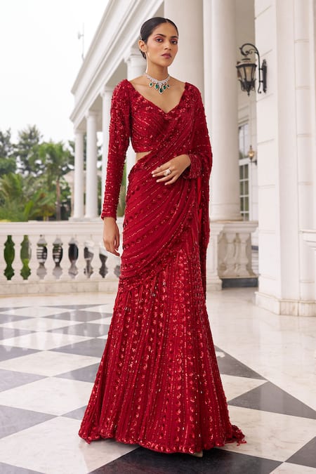 Buy_Nidhika Shekhar_Red Georgette, Net Surkh Umang Laal Embroidered Pre-draped Lehenga Saree Set 