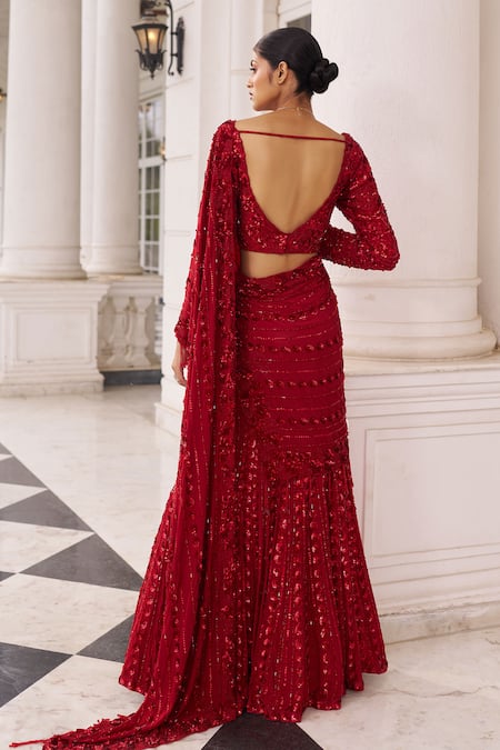 Nidhika Shekhar Surkh Umang Laal Embroidered Pre-Draped Lehenga Saree Set 