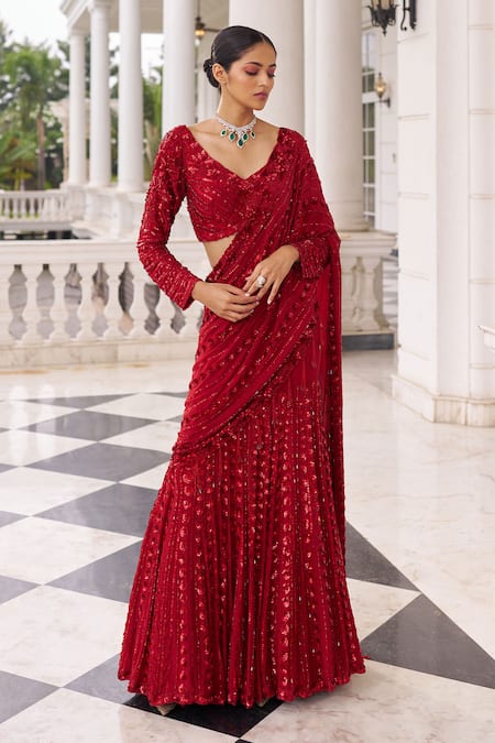 Nidhika Shekhar Red Georgette, Net Surkh Umang Laal Embroidered Pre-draped Lehenga Saree Set 