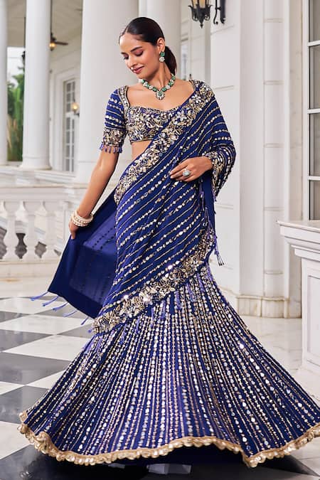 Nidhika Shekhar_Blue Crepe Embroidery, Mirrors, Sequins, Shaadmani Pre-draped Lehenga Saree Set _at_Aza_Fashions