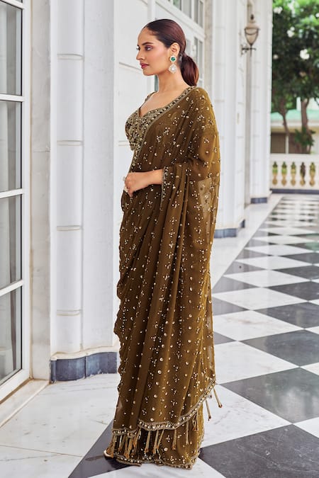Nidhika Shekhar_Green Georgette Sequins, Embroidery, Zari, Suheri Ullaas Pre-draped Saree Set _Online_at_Aza_Fashions