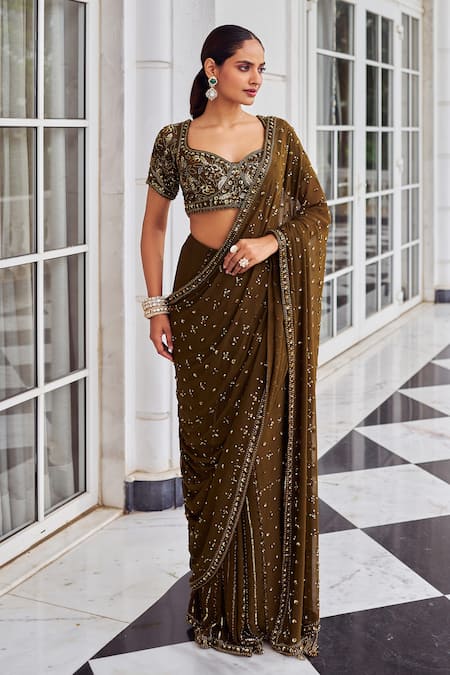 Nidhika Shekhar Green Georgette Sequins, Embroidery, Zari, Suheri Ullaas Pre-draped Saree Set 