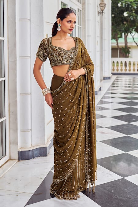 Shop_Nidhika Shekhar_Green Georgette Sequins, Embroidery, Zari, Suheri Ullaas Pre-draped Saree Set _Online_at_Aza_Fashions