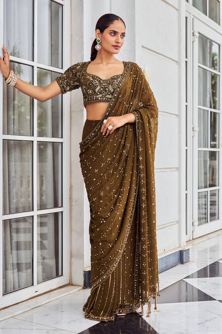 Nidhika Shekhar_Green Georgette Sequins, Embroidery, Zari, Suheri Ullaas Pre-draped Saree Set _at_Aza_Fashions