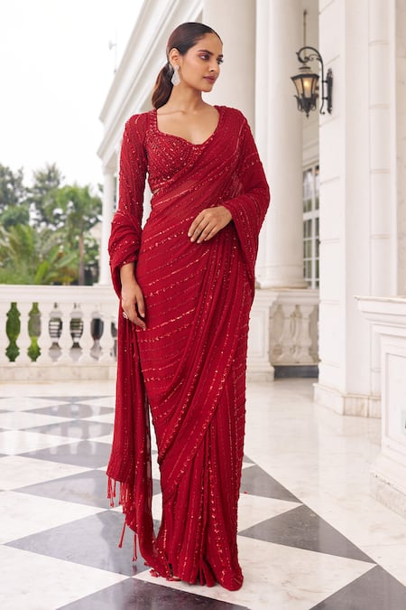 Buy Nidhika Shekhar Red Georgette Sequins, Zari V-neck Khushi E Laal Pre-draped Saree And Blouse Set Online at Aza Fashions Buy_Nidhika Shekhar_Red Georgette Sequins, Zari V-neck Khushi E Laal Pre-draped Saree And Blouse Set _Online_at_Aza_Fashions