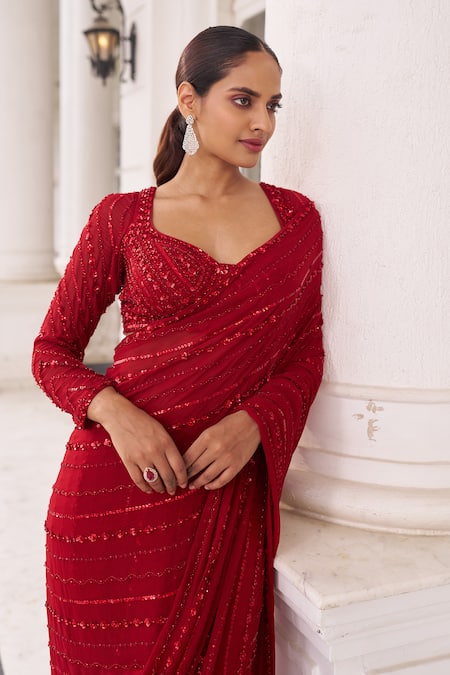 Shop Nidhika Shekhar Red Georgette Sequins, Zari V-neck Khushi E Laal Pre-draped Saree And Blouse Set Online at Aza Fashions Shop_Nidhika Shekhar_Red Georgette Sequins, Zari V-neck Khushi E Laal Pre-draped Saree And Blouse Set _Online_at_Aza_Fashions
