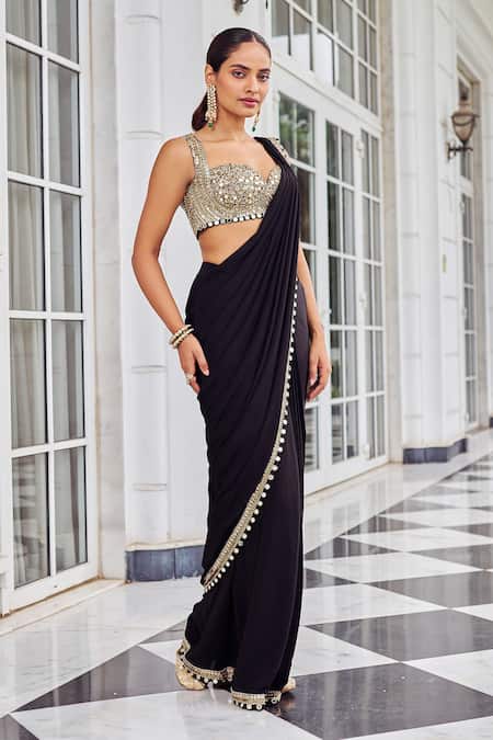 Buy_Nidhika Shekhar_Black Crepe Mirrors, Sequins, Zari Ullasat Work Pre-draped Saree And Blouse Set _Online_at_Aza_Fashions