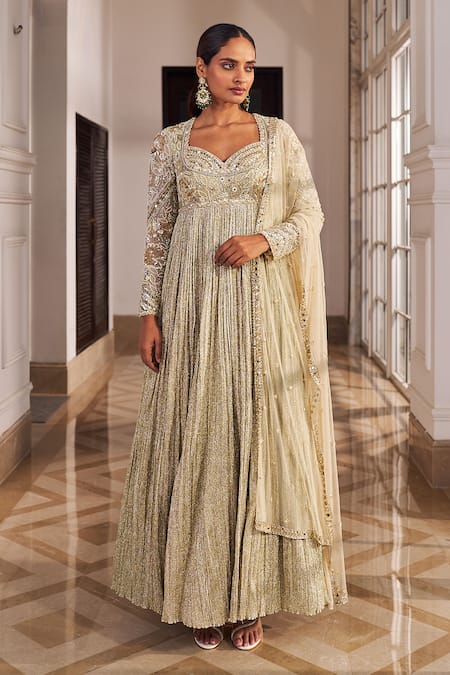 Nidhika Shekhar Gold Organza, Net Pearls, Sequins, Umang Embroidered Anarkali With Dupatta 