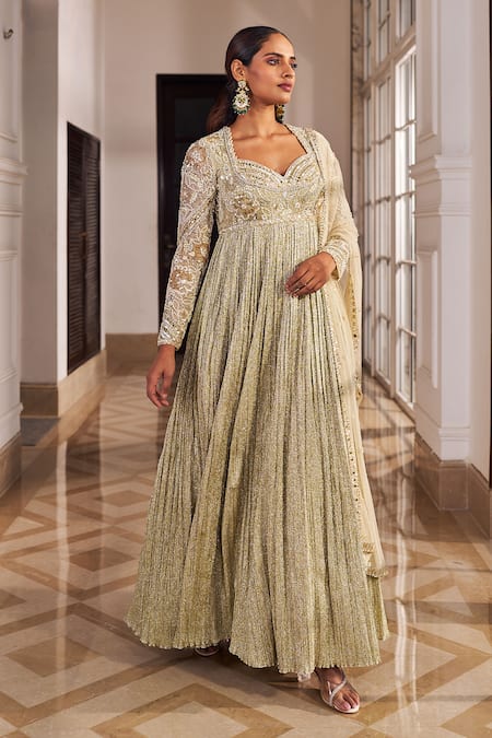 Nidhika Shekhar_Gold Organza, Net Pearls, Sequins, Umang Embroidered Anarkali With Dupatta _Online_at_Aza_Fashions