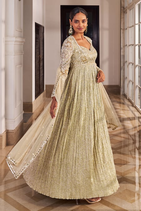 Buy_Nidhika Shekhar_Gold Organza, Net Pearls, Sequins, Umang Embroidered Anarkali With Dupatta _Online_at_Aza_Fashions
