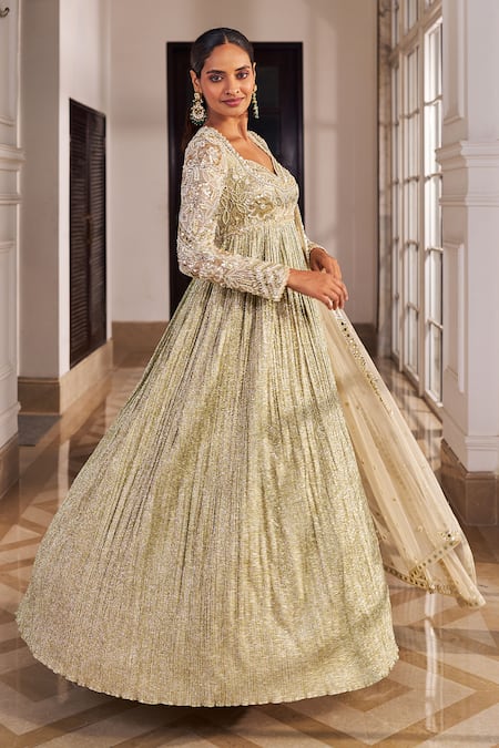 Shop_Nidhika Shekhar_Gold Organza, Net Pearls, Sequins, Umang Embroidered Anarkali With Dupatta _Online_at_Aza_Fashions