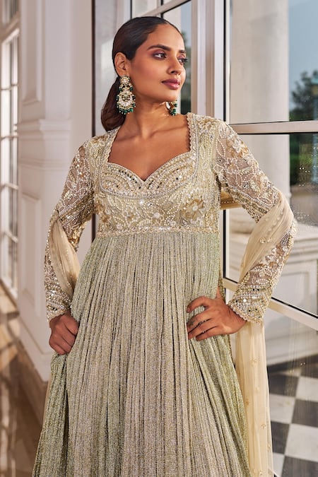 Nidhika Shekhar_Gold Organza, Net Pearls, Sequins, Umang Embroidered Anarkali With Dupatta _at_Aza_Fashions