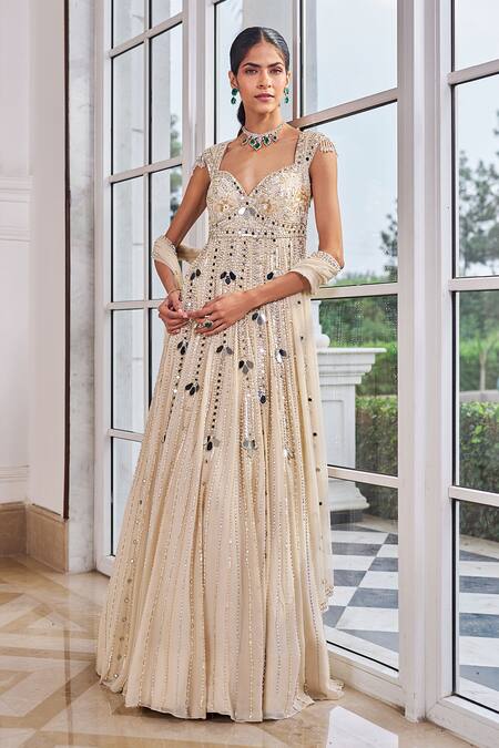 Nidhika Shekhar_Beige Georgette, Net Embroidery, Pearls, Sequins, Ullas Anarkali With Dupatta _Online_at_Aza_Fashions