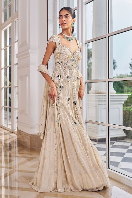 Buy_Nidhika Shekhar_Beige Georgette, Net Embroidery, Pearls, Sequins, Ullas Anarkali With Dupatta _Online_at_Aza_Fashions