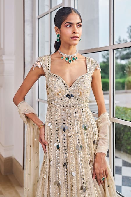 Shop_Nidhika Shekhar_Beige Georgette, Net Embroidery, Pearls, Sequins, Ullas Anarkali With Dupatta _Online_at_Aza_Fashions