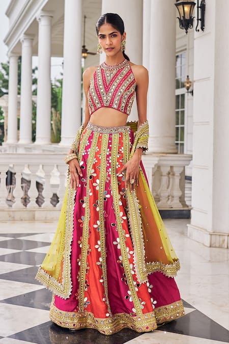 Nidhika Shekhar_Pink Silk, Net Embroidery, Mirrors, Sequins, Prakash E Ullas Lehenga Set _Online_at_Aza_Fashions
