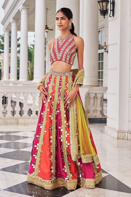 Buy_Nidhika Shekhar_Pink Silk, Net Embroidery, Mirrors, Sequins, Prakash E Ullas Lehenga Set _Online_at_Aza_Fashions