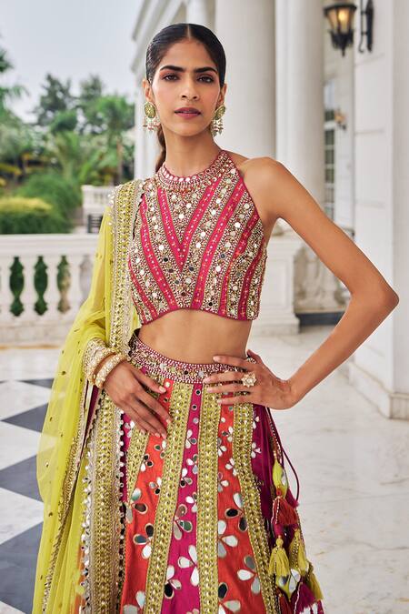 Shop_Nidhika Shekhar_Pink Silk, Net Embroidery, Mirrors, Sequins, Prakash E Ullas Lehenga Set _Online_at_Aza_Fashions