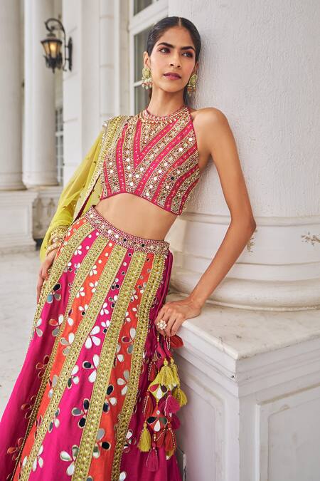 Buy_Nidhika Shekhar_Pink Silk, Net Embroidery, Mirrors, Sequins, Prakash E Ullas Lehenga Set 
