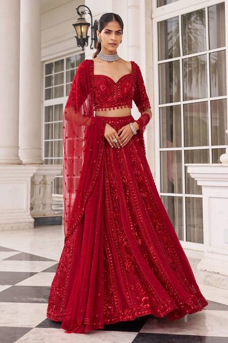 Nidhika Shekhar_Red Organza, Net Embroidery, Sequins, Tassels, Ullas E Pramod Lehenga Set _Online_at_Aza_Fashions