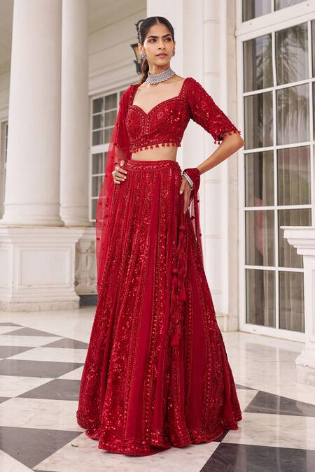 Buy_Nidhika Shekhar_Red Organza, Net Embroidery, Sequins, Tassels, Ullas E Pramod Lehenga Set _Online_at_Aza_Fashions
