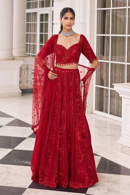 Shop_Nidhika Shekhar_Red Organza, Net Embroidery, Sequins, Tassels, Ullas E Pramod Lehenga Set _Online_at_Aza_Fashions