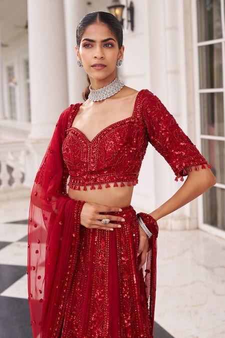 Nidhika Shekhar_Red Organza, Net Embroidery, Sequins, Tassels, Ullas E Pramod Lehenga Set _at_Aza_Fashions