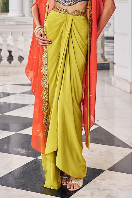 Nidhika Shekhar_Orange Crepe, Silk Embroidery, Sequins, Stones Round Ullusat Cape And Skirt Set _Online_at_Aza_Fashions