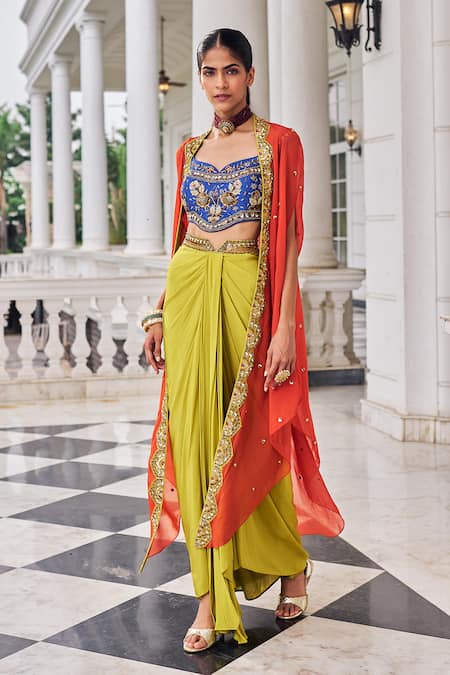 Buy_Nidhika Shekhar_Orange Crepe, Silk Embroidery, Sequins, Stones Round Ullusat Cape And Skirt Set _Online_at_Aza_Fashions
