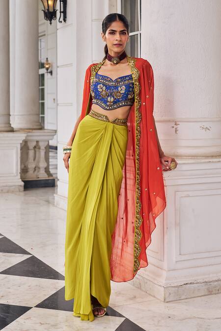 Shop_Nidhika Shekhar_Orange Crepe, Silk Embroidery, Sequins, Stones Round Ullusat Cape And Skirt Set _Online_at_Aza_Fashions