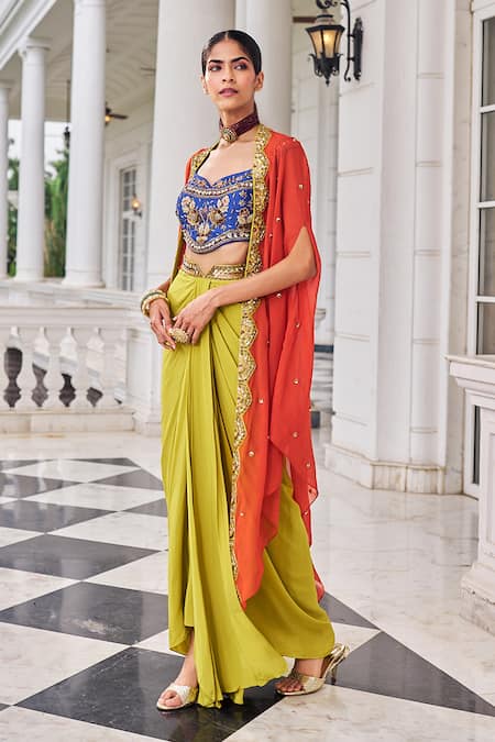 Buy_Nidhika Shekhar_Orange Crepe, Silk Embroidery, Sequins, Stones Round Ullusat Cape And Skirt Set 