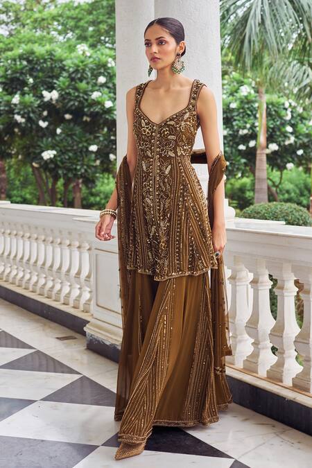 Nidhika Shekhar_Brown Georgette, Net Sequins, Beads, Zari, Embroidery Floral Kurta Sharara Set _Online_at_Aza_Fashions