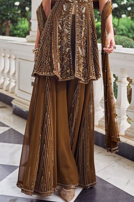 Buy_Nidhika Shekhar_Brown Georgette, Net Sequins, Beads, Zari, Embroidery Floral Kurta Sharara Set _Online_at_Aza_Fashions