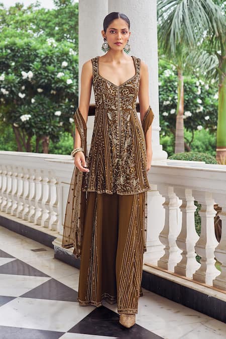 Nidhika Shekhar Brown Georgette, Net Sequins, Beads, Zari, Embroidery Floral Kurta Sharara Set 