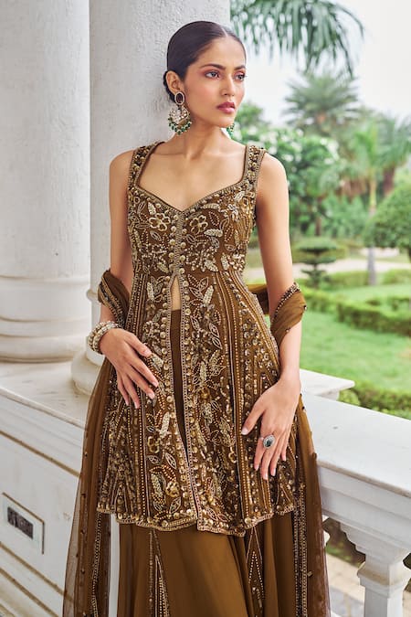Nidhika Shekhar_Brown Georgette, Net Sequins, Beads, Zari, Embroidery Floral Kurta Sharara Set _at_Aza_Fashions