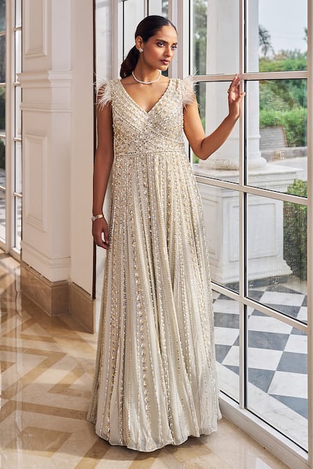 Nidhika Shekhar Gray Georgette Sequins, Pearls, Feathers V-neck Glee Embroidered Gown 