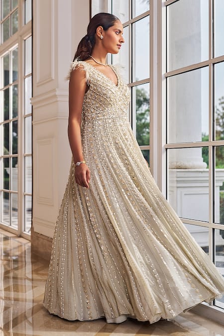 Nidhika Shekhar_Gray Georgette Sequins, Pearls, Feathers V-neck Glee Embroidered Gown _Online_at_Aza_Fashions