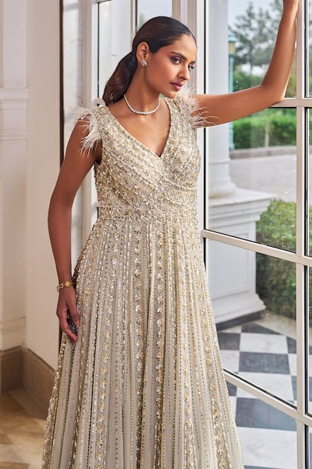 Buy_Nidhika Shekhar_Gray Georgette Sequins, Pearls, Feathers V-neck Glee Embroidered Gown _Online_at_Aza_Fashions