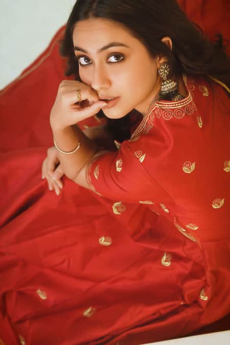 Buy_Ahi Clothing_Red Viscose, Silk, Organza Embroidery, Lace V-neck Anarkali Set _Online_at_Aza_Fashions