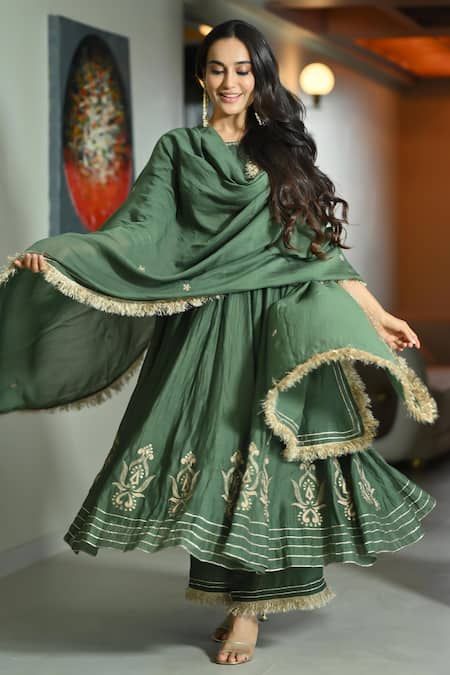 Shop Ahi Clothing Green Chanderi Silk Embroidery, Lace, Sequins, Zari Boat Mehendi Anarkali Set Online at Aza Fashions Shop_Ahi Clothing_Green Chanderi Silk Embroidery, Lace, Sequins, Zari Boat Mehendi Anarkali Set _Online_at_Aza_Fashions
