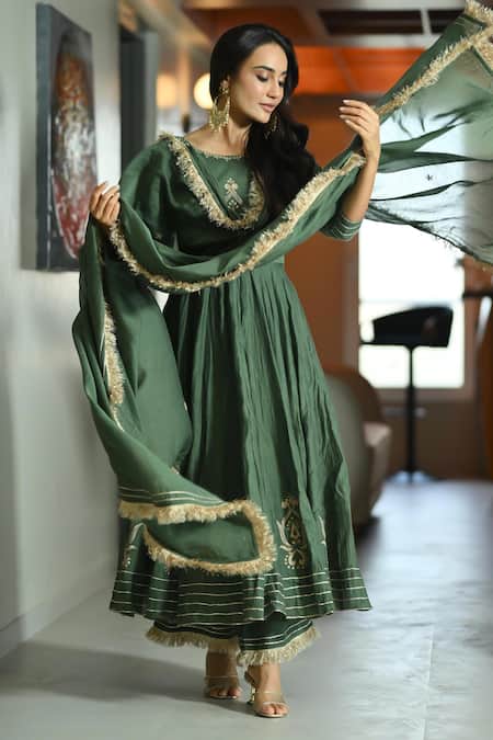 Shop Ahi Clothing Green Chanderi Silk Embroidery, Lace, Sequins, Zari Boat Mehendi Anarkali Set at Aza Fashions Shop_Ahi Clothing_Green Chanderi Silk Embroidery, Lace, Sequins, Zari Boat Mehendi Anarkali Set _at_Aza_Fashions