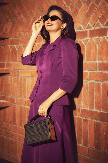 Ahi Clothing_Purple Crepe Kimberly Coat And Skirt Co-ord Set _at_Aza_Fashions