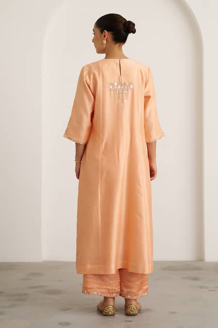 Shop_Vaaya_Peach , Chanderi, Organza Gota Patti, Embroidery, Sherbet Kurta Set _at_Aza_Fashions