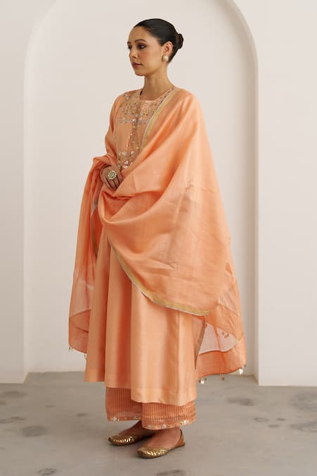 Vaaya Peach Sherbet Silk Chanderi Kurta Set 