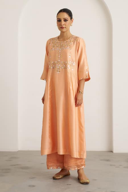 Vaaya_Peach , Chanderi, Organza Gota Patti, Embroidery, Sherbet Kurta Set _Online_at_Aza_Fashions