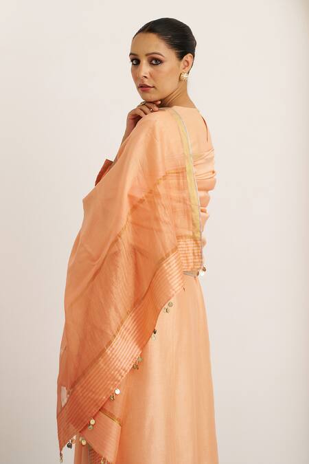 Shop_Vaaya_Peach , Chanderi, Organza Gota Patti, Embroidery, Sherbet Kurta Set _Online_at_Aza_Fashions