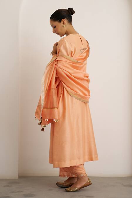 Vaaya_Peach , Chanderi, Organza Gota Patti, Embroidery, Sherbet Kurta Set _at_Aza_Fashions