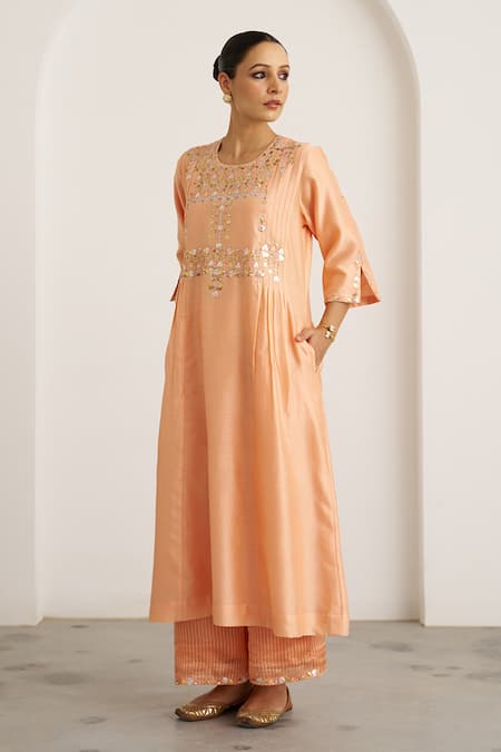 Shop_Vaaya_Peach , Chanderi, Organza Gota Patti, Embroidery, Sherbet Kurta Set 