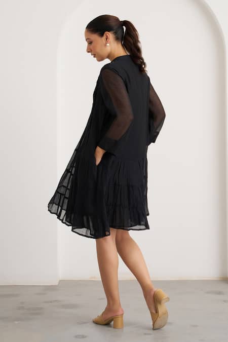 Vaaya_Black Chanderi Sequins Split V-neck The Twilight Dress _Online_at_Aza_Fashions